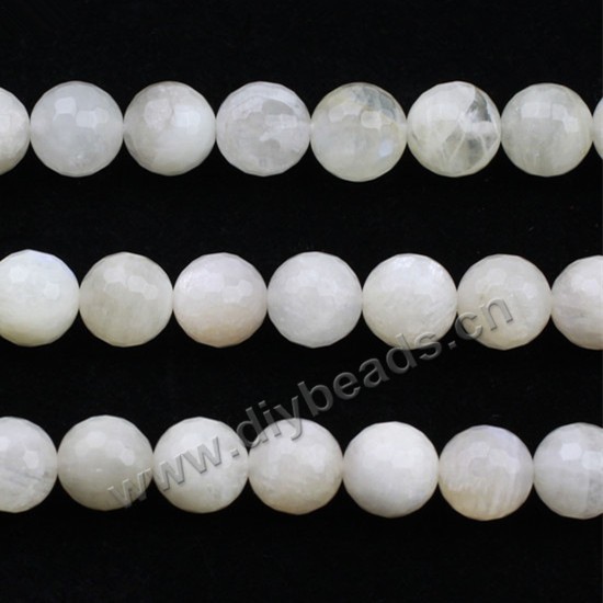 Bead, natural moonstone, white, 8mm faceted round. Sold per 15-inch strand.