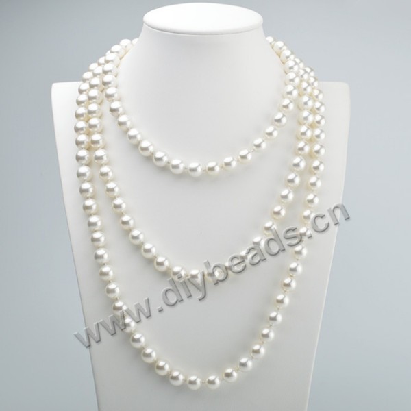 Shell Pearl Necklace, mother of pearl beads, white, 10mm round. Sold per 47-inch.
