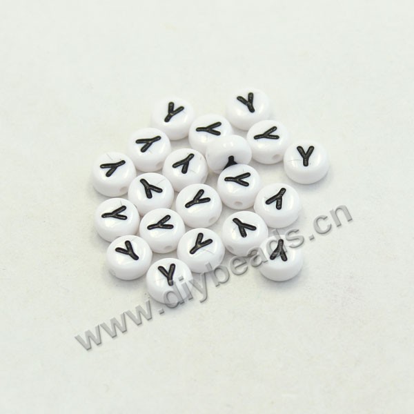 Bead mix, acrylic, white with black alphabet Y, 7x4mm double-sided flat round with 1.2mm drill hole. Sold per pkg of 100ps