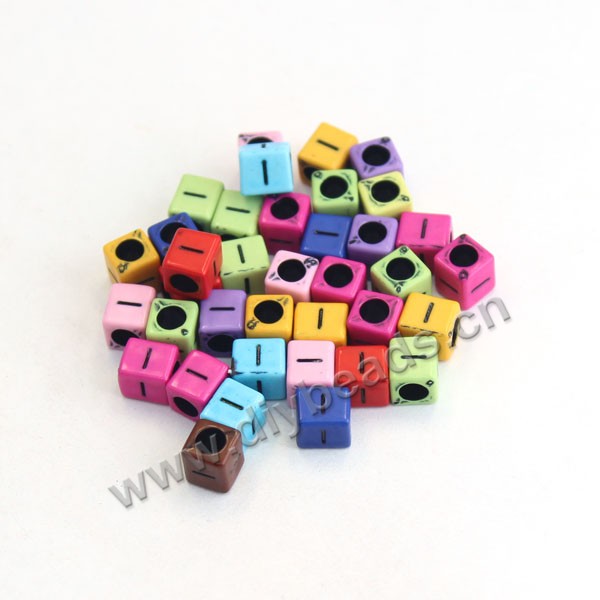 Bead, acrylic,mixed color,alphabet is I, 6x6mm cube with 3mm drill hole. Sold per pkg of 100ps