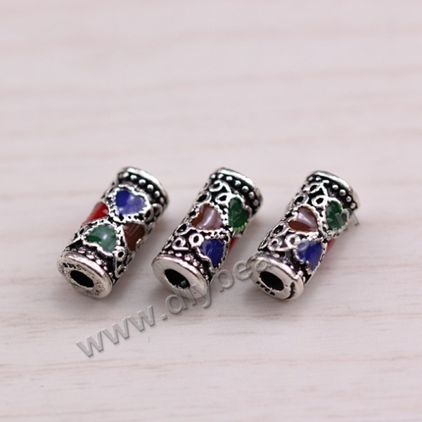 Enamel Bead, 925 Thai silver, round tube, 5*10mm, 2mm hole, multicolored, Sold per pkg of 1 bag-5 pieces.