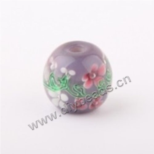 Bead, lampworked glass ,purple with flower, 14x14mm round.mini order 50pc 
