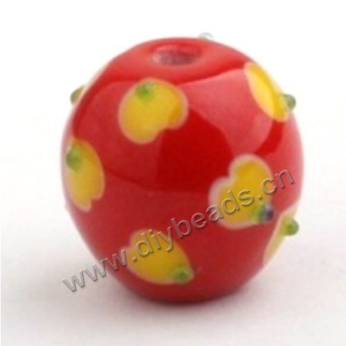 Bead, lampworked glass,red with flower, 16x16mm round.mini order 50pc 