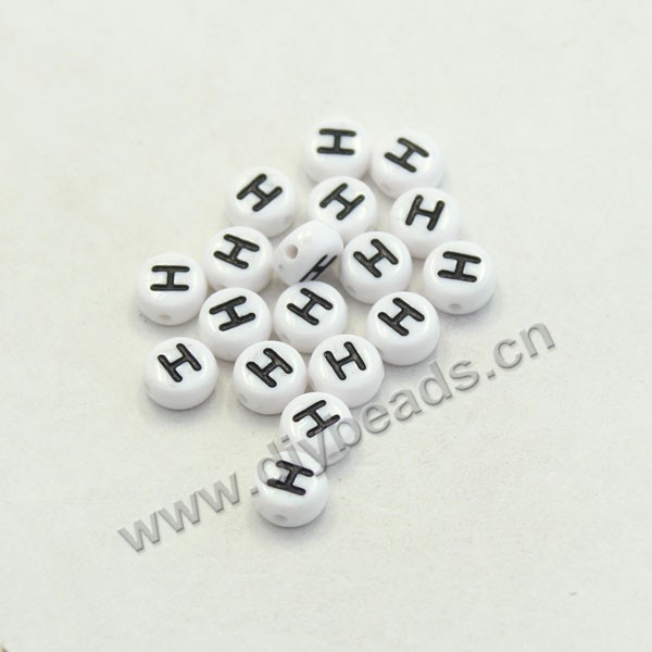 Bead mix, acrylic, white with black alphabet H, 7x4mm double-sided flat round with 1.2mm drill hole. Sold per pkg of 100ps