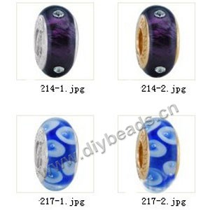 Bead,big-hole beads ,lampworked glass with silver-finished brass grommets,mixed colors and designs,6x12mm-8x14mm rondelle ,4mm spiral hole,sold per pkg of 10ps