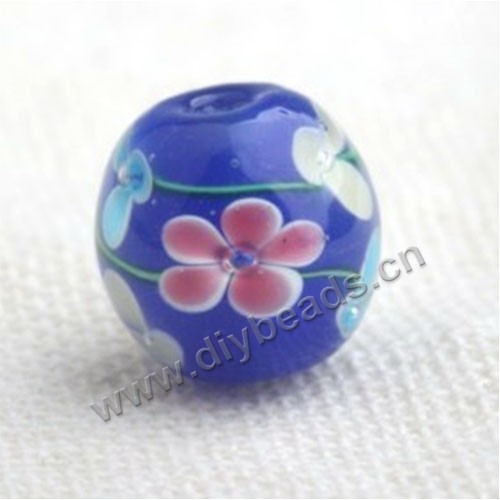 Bead,Japan lampworked glass,blue with flower, 16x16mm round.mini order 100pc 