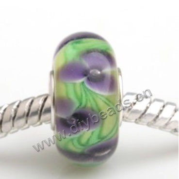 Bead, big-hole beads,Lampworked glass and 925 sterling silver grommet,green with flower,14x7mm rondelle with 4.5 mm hole,sold per pkg of 50ps