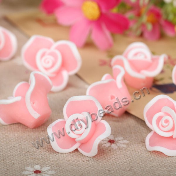 Bead, polymer clay,pink/white,20x15mm rose flower. Sold per pkg of 5.