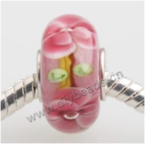 Bead, big-hole beads,	Lampworked glass and silver-plated brass grommet,pink with flower, 14x7mm rondelle with 4.5 mm hole,sold per pkg of 50ps