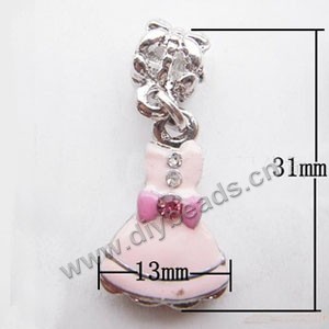 Charm, big-hole beads, silver-plated pewter  and enamel, pink, 13x31mm skirt  with rhinestone,and 4.5mm hole. Sold per pkg of 10ps