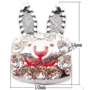 Bead, big-hole beads,silver-plated pewter and enameled , red, 10x15mm rabbit head with rhinestone, 4mm hole. Sold per pkg of 10ps