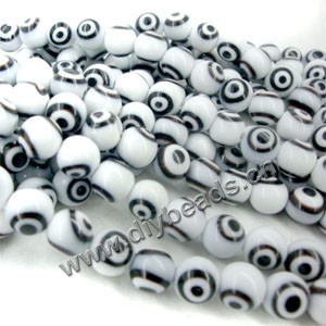 Bead , lampworked glass, opaque white, 10mm double-sided round with wards off the evil eye design. Sold per pkg of (4) 15-inch strand.