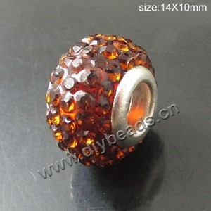 Bead, big-hole beads,pewter ,honey, 14x10mm rondelle with rhinestone, 5mm hole. Sold per pkg of 10ps