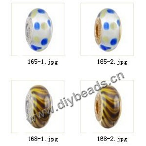 Bead,big-hole beads ,lampworked glass with silver-finished brass grommets,mixed colors and designs,6x12mm-8x14mm rondelle ,4mm spiral hole,sold per pkg of 10ps