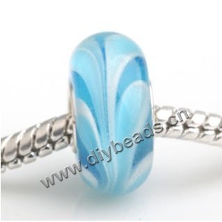 Bead, big-hole beads,Lampworked glass and 925 sterling silver grommet,blue with flower, 14x7mm rondelle with 4.5 mm hole,sold per pkg of 50ps