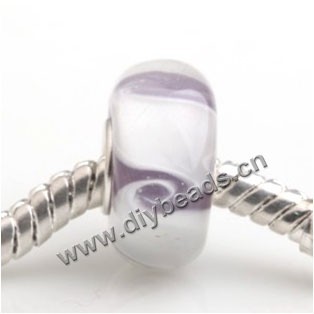 Bead, big-hole beads,Lampworked glass and 925 sterling silver grommet, white with flower, 14x7mm rondelle with 4.5 mm hole,sold per pkg of 50ps