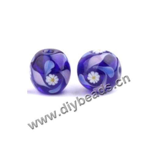 Bead, lampworked glass,purple with flower, 16x16mm round.mini order 50pc 