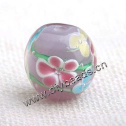 Bead,Japan lampworked glass,purple with flower, 16x16mm round.mini order 100pc 