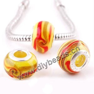 Bead,big-hole beads ,yellow/red,lampworked glass with silver-finished brass ,9x14mm rondelle with 5mm hole,sold per pkg of 10