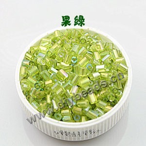 Bugle bead, glass,rainbow ,lime green ,#1(2x2mm) beads. Sold per pkg of 80 grams,approximately 4,500ps.