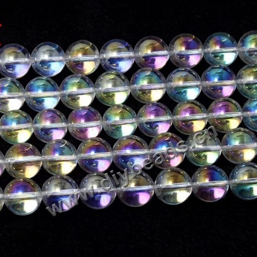 Bead,clear quartz crystal (natural),coated AB , 12mm round . Sold per 16-inch strand