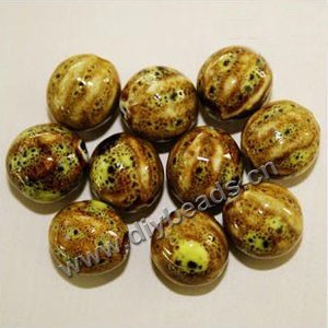 Bead , fancy glaze porcelain,yellow, 14mm fluted round. Sold per pkg of 30 beads. 