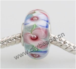 Bead, big-hole beads,	Lampworked glass and silver-plated brass grommet,pink with flower, 14x7mm rondelle with 4.5 mm hole,sold per pkg of 50ps