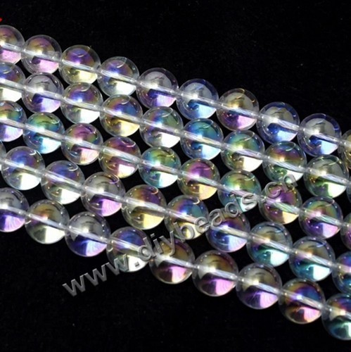 Bead,clear quartz crystal (natural), coated AB ,10mm round. Sold per 16-inch strand