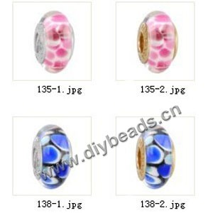 Bead,big-hole beads ,lampworked glass with silver-finished brass grommets,mixed colors and designs,6x12mm-8x14mm rondelle ,4mm spiral hole,sold per pkg of 10ps