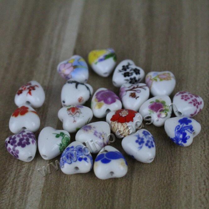 Elegance heart shape printing  flower porcelain beads for sale