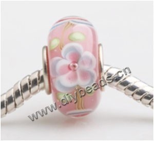 Bead, big-hole beads,Lampworked glass and 925 sterling silver grommet,pink with flower, 14x7mm rondelle with 4.5 mm hole,sold per pkg of 50ps