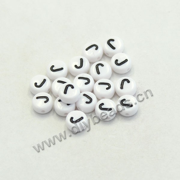 Bead mix, acrylic, white with black alphabet J, 7x4mm double-sided flat round with 1.2mm drill hole. Sold per pkg of 100ps