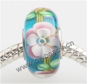 Bead, big-hole beads,Lampworked glass and 925 sterling silver grommet,blue with flower, 14x7mm rondelle with 4.5 mm hole,sold per pkg of 50ps