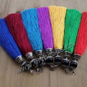 Tassel, silk (imitation) , assorted colors, 5-1/2 inches with silver-plated alloy flower bead cap and 14mm acrylic beads. Sold per pkg of 100.
