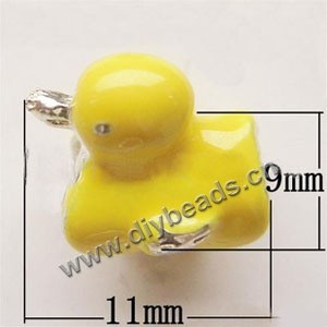 Charm, big-hole beads,pewter and enameled , yellow, 9x11mm double-side duck, 6mm hole. Sold per pkg of 10ps