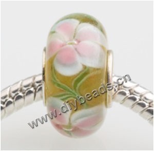 Bead, big-hole beads,Lampworked glass and 925 sterling silvergrommet,yellow with flower, 14x7mm rondelle with 4.5 mm hole,sold per pkg of 50ps