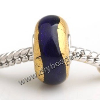 Bead, big-hole beads,Lampworked glass and silver-plated brass grommet,gold with stripe,14x7mm rondelle with 4.5 mm hole,sold per pkg of 50ps