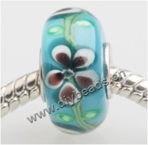 Bead, big-hole beads,	Lampworked glass and silver-plated brass grommet,green with flower, 14x7mm rondelle with 4.5 mm hole,sold per pkg of 50ps
