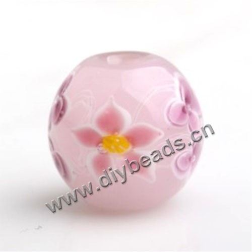 Bead,Japan lampworked glass,pink with bright flower, 16x16mm round.mini order 100pc 