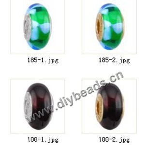Bead,big-hole beads ,lampworked glass with silver-finished brass grommets,mixed colors and designs,6x12mm-8x14mm rondelle ,4mm spiral hole,sold per pkg of 10ps