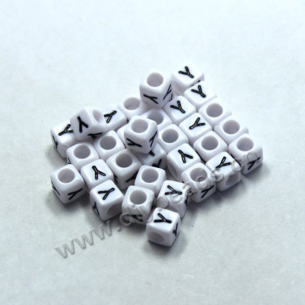 Bead, acrylic,White,alphabet is Y, 6x6mm cube with 3.5mm drill hole. Sold per pkg of 100ps