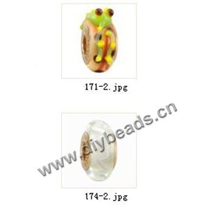 Bead,big-hole beads ,lampworked glass with brass grommets,mixed colors and designs,6x12mm-8x14mm rondelle ,4mm spiral hole,sold per pkg of 10ps