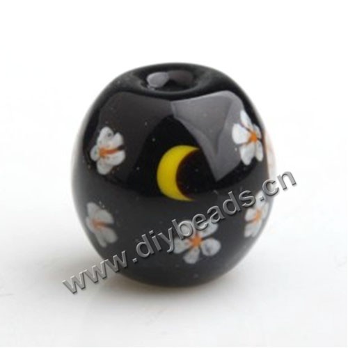 Bead,Japan lampworked glass,black with flower, 16x16mm round.mini order 100pc 