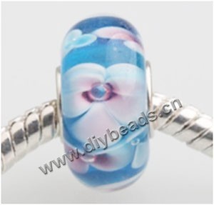 Bead, big-hole beads,Lampworked glass and silver-plated brass grommet,Blue with flower, 14x7mm rondelle with 4.5 mm hole,sold per pkg of 50ps