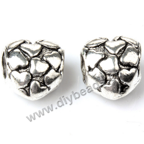 Bead,big-hole beads,alloy,10x10mm,heart,silver color,Sold per pkg of 50ps