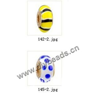 Bead,big-hole beads ,lampworked glass with brass grommets,mixed colors and designs,6x12mm-8x14mm rondelle ,4mm spiral hole,sold per pkg of 10ps