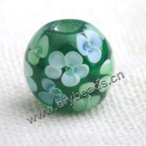Bead,Japan lampworked glass,green with fower, 14x14mm round.mini order 100pc 