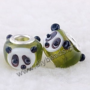Bead, big-hole beads,lampworked glass and brass grommet,dark green/white/black, 10x14mm rondelle with panda, 4.5mm hole. Sold per pkg of 10