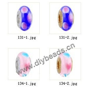 Bead,big-hole beads ,lampworked glass with silver-finished brass grommets,mixed colors and designs,6x12mm-8x14mm rondelle ,4mm spiral hole,sold per pkg of 10ps