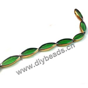 Bead, copper-plated glass, green, 30x12mm flat oval. Sold per pkg of ten 13-inch strand.